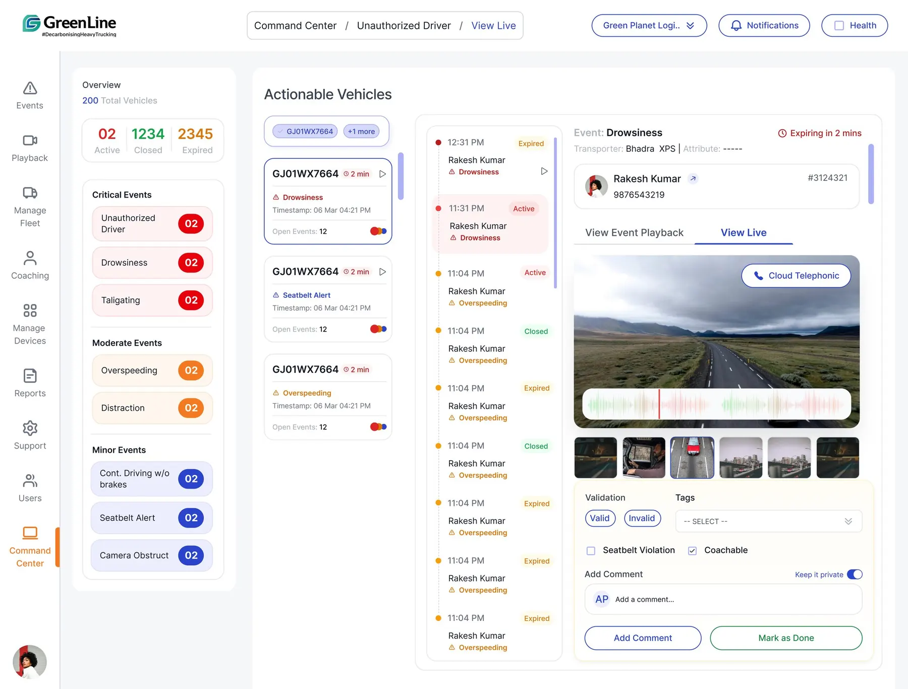 DOPE Command Centre — actionable vehicles, live events, in-cabin validation