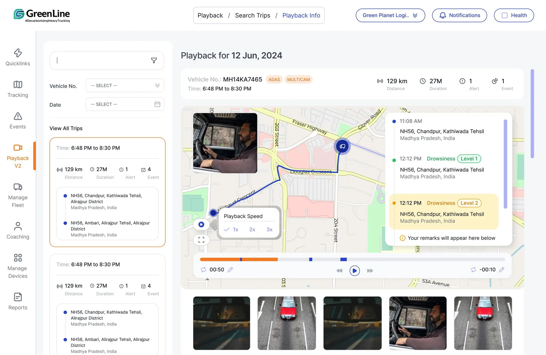 Live route playback — every trip event mapped across the road network